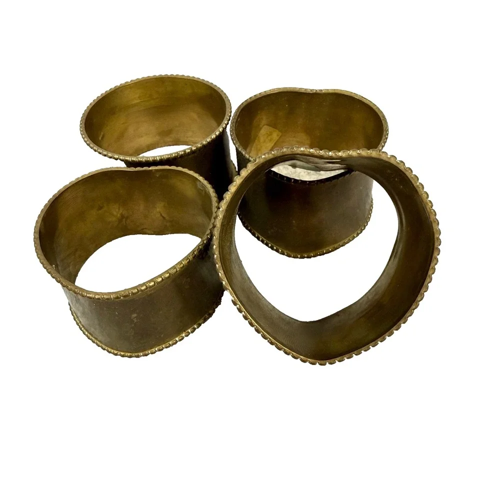 Vintage Solid Brass Heart Napkin Rings Set of 4 Beaded Edge Made in India Gold‎